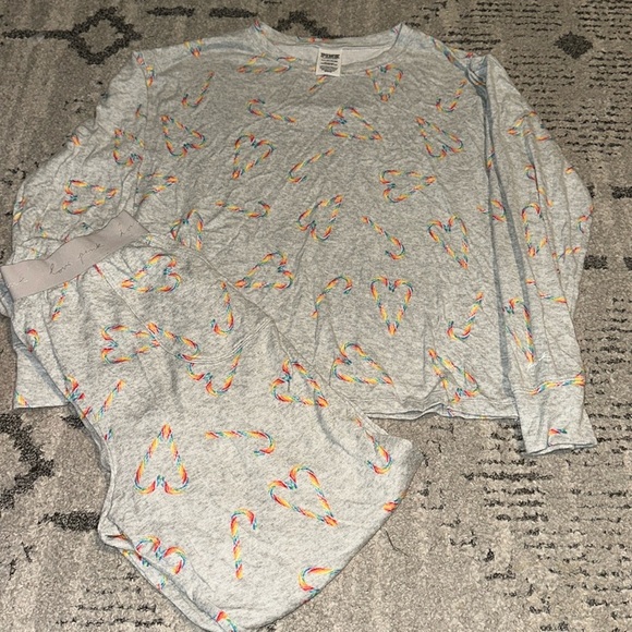 Victoria's Secret PINK Rainbow Candy Cane Lightweight Gray Pajamas Joggers sz S - Picture 1 of 6